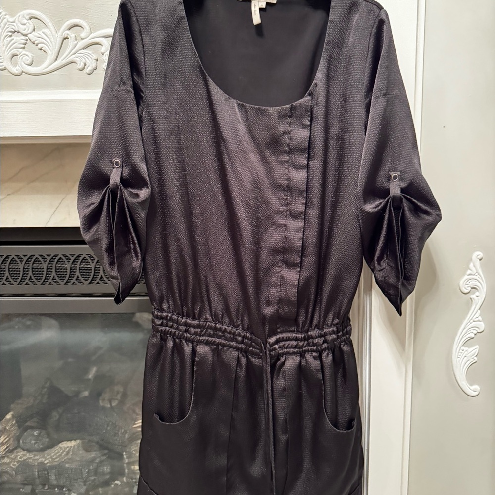 BCBGeneration Romper Black XS Button Tab Sleeve Pockets 3/4 Scoop Neck